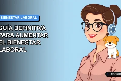 Ilustración vectorial plana de una mujer profesional chilena trabajando con su perro en una oficina moderna y amigable con mascotas, fondo degradado azul.