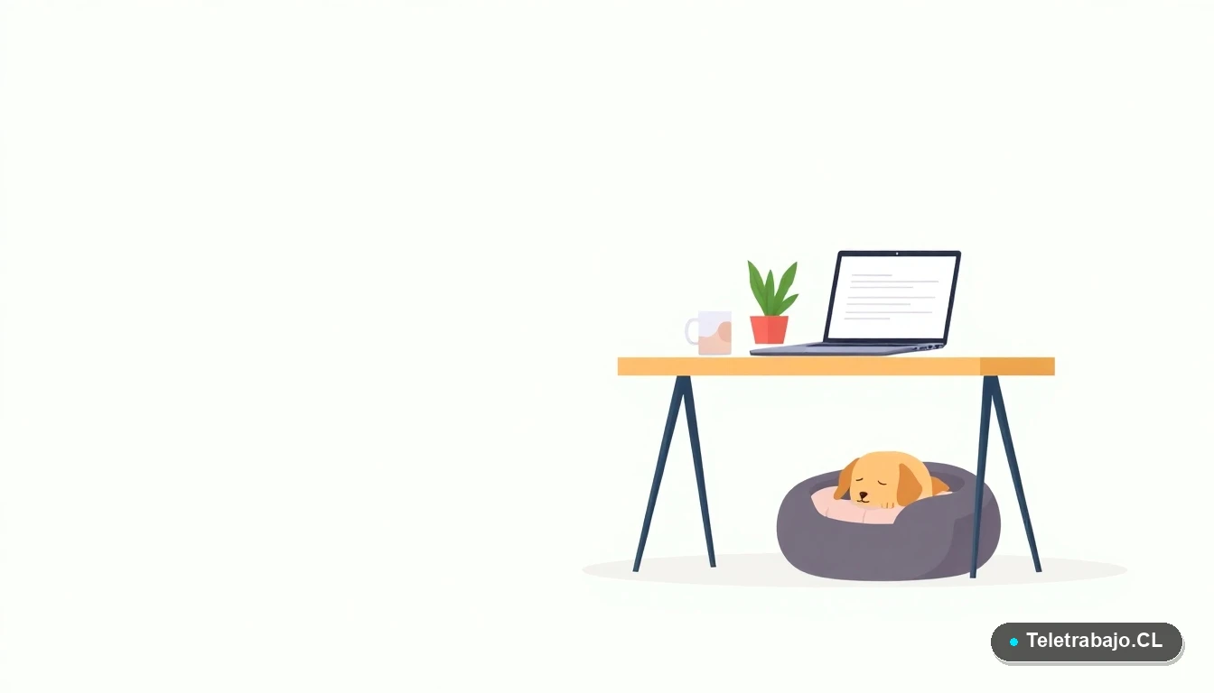 Escritorio moderno de oficina con portátil, taza de café, planta y cama para perro con cachorro durmiendo, concepto de espacio de trabajo pet friendly, fondo degradado verde menta.