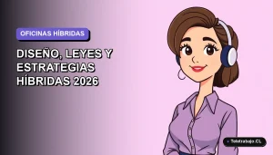 Ilustración vectorial plana de oficina moderna post pandemia en Chile, mostrando diseño y estrategias laborales híbridas para el año 2026.