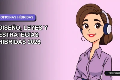 Ilustración vectorial plana de oficina moderna post pandemia en Chile, mostrando diseño y estrategias laborales híbridas para el año 2026.