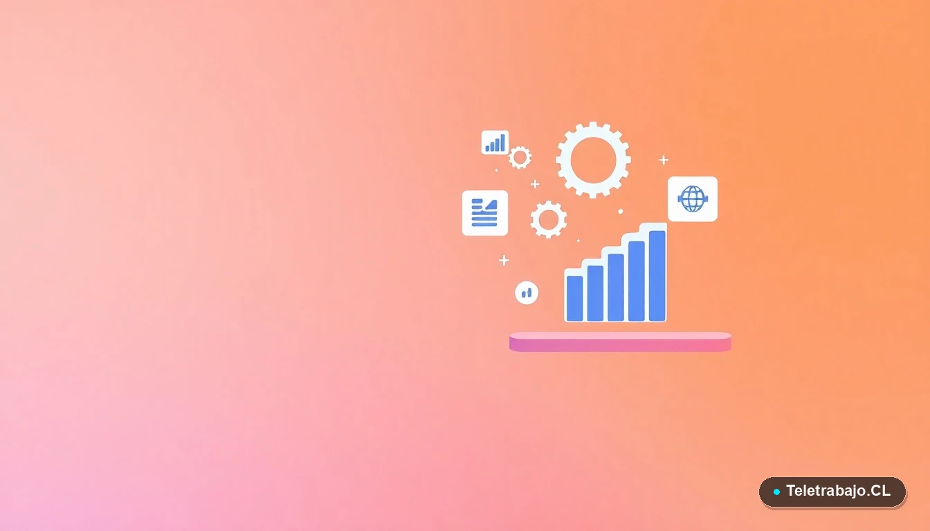 Elementos de interfaz de usuario abstractos y modernos, como gráficos y engranajes flotantes, representando estrategias tecnológicas híbridas para oficinas.