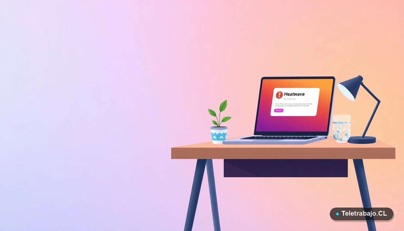 Escritorio moderno vacío con laptop mostrando alerta de calor, planta marchita y vaso de agua, sobre fondo gradiente lavanda y melocotón.