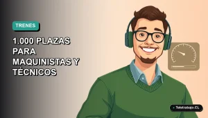 Ilustración vectorial plana de un maquinista masculino sonriente, con suéter verde, junto a una interfaz de tren digital, sobre fondo degradado azul verdoso.