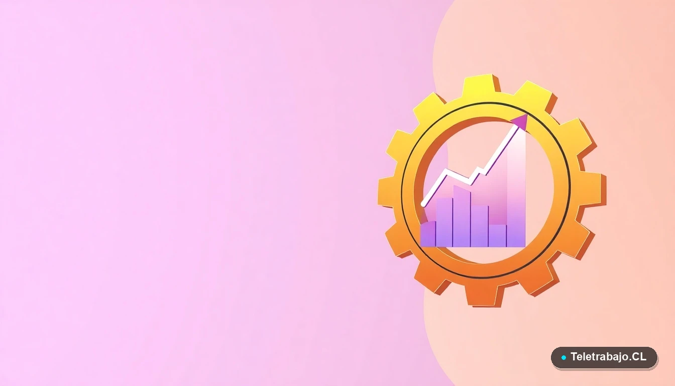 Composición abstracta de interfaz tecnológica con un engranaje dorado, gráfico ascendente y carpetas de iconos, estilo vectorial plano, sobre fondo degradado lila y melocotón.