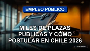 Oportunidad de trabajo en el Estado de Chile, postulaciones a miles de cargos públicos para el año 2026 en un escritorio profesional.