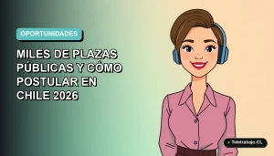 Ilustración plana de mujer profesional chilena sonriente, fondo degradado azul verdoso, concepto de postulación a empleo público.