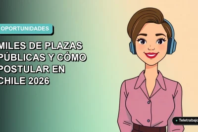 Ilustración plana de mujer profesional chilena sonriente, fondo degradado azul verdoso, concepto de postulación a empleo público.