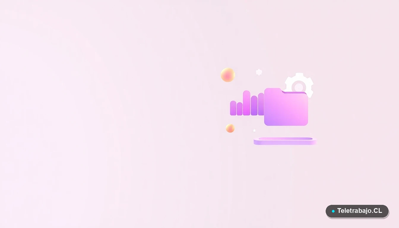 Elementos de interfaz de usuario abstractos: gráficos, engranajes y carpetas flotantes sobre fondo degradado lila, concepto de procesos y tecnología para postulaciones.