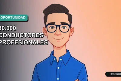 Ilustración vectorial plana de un hombre trabajador remoto, con camisa azul y anteojos, sobre un fondo degradado verde azulado. Espacio negativo a la izquierda.