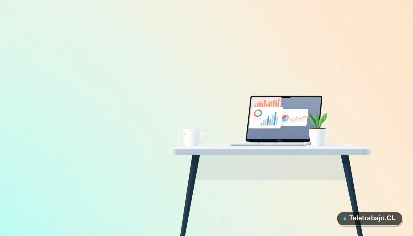 Escritorio moderno minimalista con laptop, planta y taza de café, en estilo de ilustración vectorial plana, sobre fondo degradado de tonos menta y verde azulado.