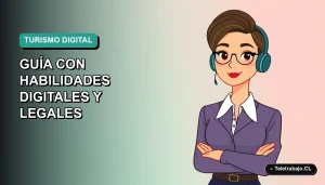 Ilustración plana vectorial de una mujer profesional trabajando de forma remota con una laptop, sobre un fondo degradado azul verdoso. Representa oportunidades laborales en turismo con habilidades digitales.