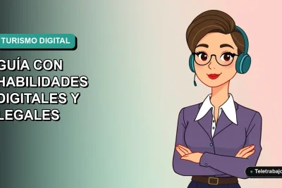 Ilustración plana vectorial de una mujer profesional trabajando de forma remota con una laptop, sobre un fondo degradado azul verdoso. Representa oportunidades laborales en turismo con habilidades digitales.