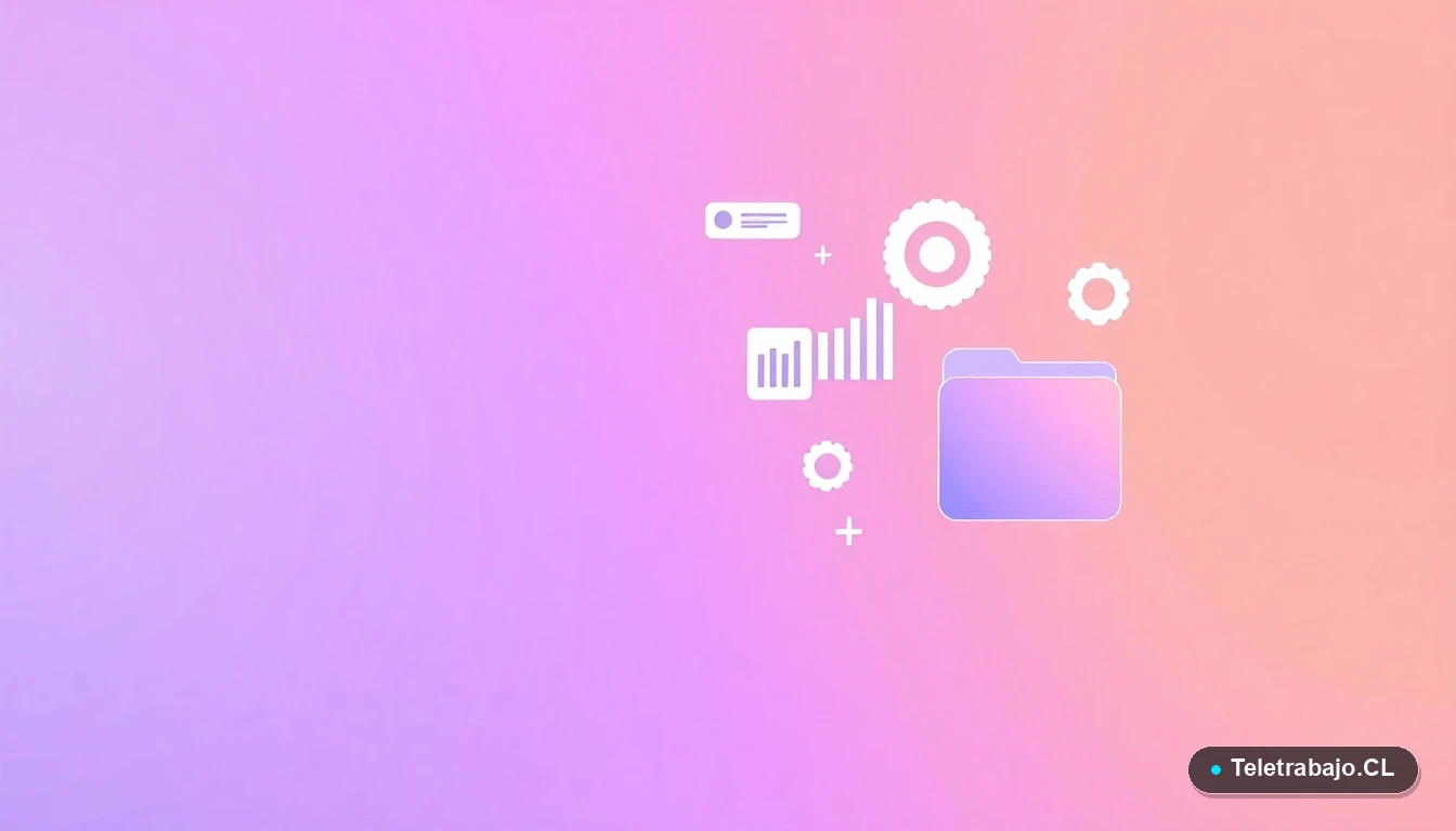 Composición abstracta de interfaz de usuario con gráficos flotantes y iconos de engranaje y carpeta, en estilo vectorial plano, sobre fondo degradado lila y durazno. Representa habilidades digitales para el turismo.