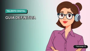 Ilustración plana vectorial de una mujer profesional de tecnología trabajando de forma remota, con fondo degradado verde azulado.