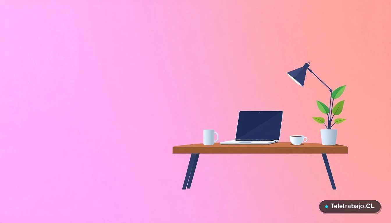 Escritorio moderno minimalista para teletrabajo con laptop, café y planta, en estilo de ilustración vectorial plana con fondo degradado lila y melocotón.