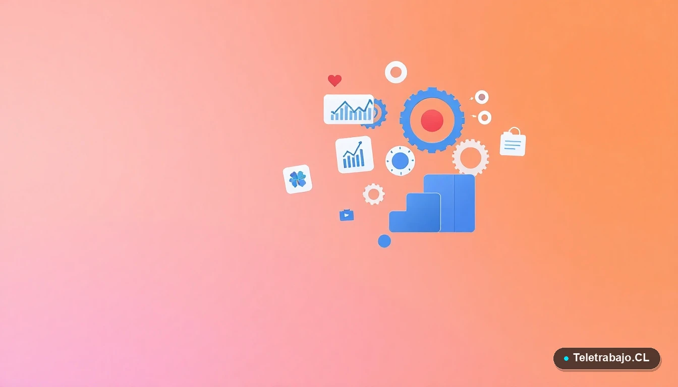 Composición abstracta de elementos de interfaz de usuario tecnológica, con gráficos y engranajes flotantes, estilo ilustración vectorial plana.