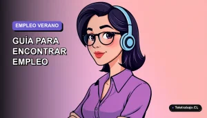 Ilustración plana vectorial de una mujer profesional chilena trabajando de forma remota en verano, con fondo degradado lavanda.