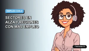 Ilustración plana corporativa de una trabajadora remota sonriente, con fondo degradado azul, representando las oportunidades laborales en Chile para el año 2026.