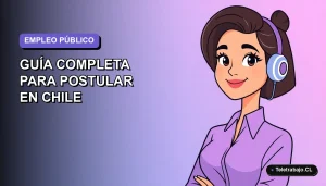 Ilustración plana vectorial de una mujer profesional con blusa lila trabajando de forma remota, sobre un fondo degradado azul y púrpura, representando oportunidades laborales en el Estado de Chile.