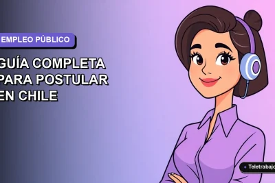 Ilustración plana vectorial de una mujer profesional con blusa lila trabajando de forma remota, sobre un fondo degradado azul y púrpura, representando oportunidades laborales en el Estado de Chile.