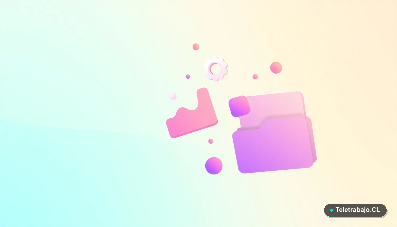 Composición abstracta de interfaz de usuario con gráficos flotantes y iconos de engranaje y carpetas en tonos lavanda y durazno, sobre fondo degradado menta.