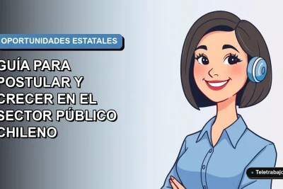 Ilustración vectorial plana de una mujer profesional chilena con blusa azul y corte bob, sonriendo, sobre fondo degradado azul y blanco, representando oportunidades de trabajo en el sector público.