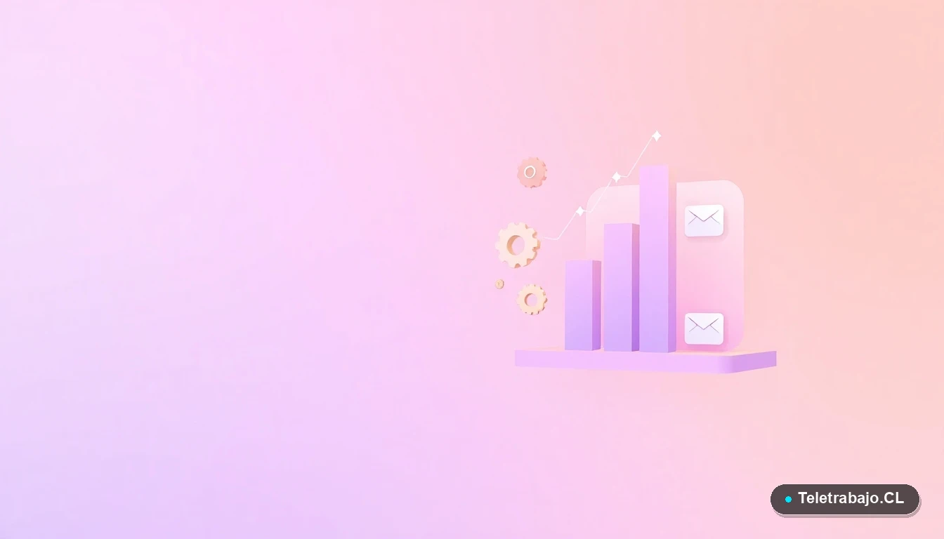 Ilustración abstracta de interfaz de usuario con gráficos flotantes, engranajes y carpetas en colores lavanda y durazno, sobre fondo degradado, simbolizando procesos y eficiencia en el sector público chileno.