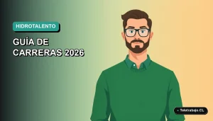 Ilustración vectorial plana de un trabajador masculino del sector del agua en Chile, con fondo degradado azul verdoso, estilo Corporate Memphis.