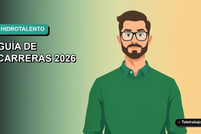 Ilustración vectorial plana de un trabajador masculino del sector del agua en Chile, con fondo degradado azul verdoso, estilo Corporate Memphis.