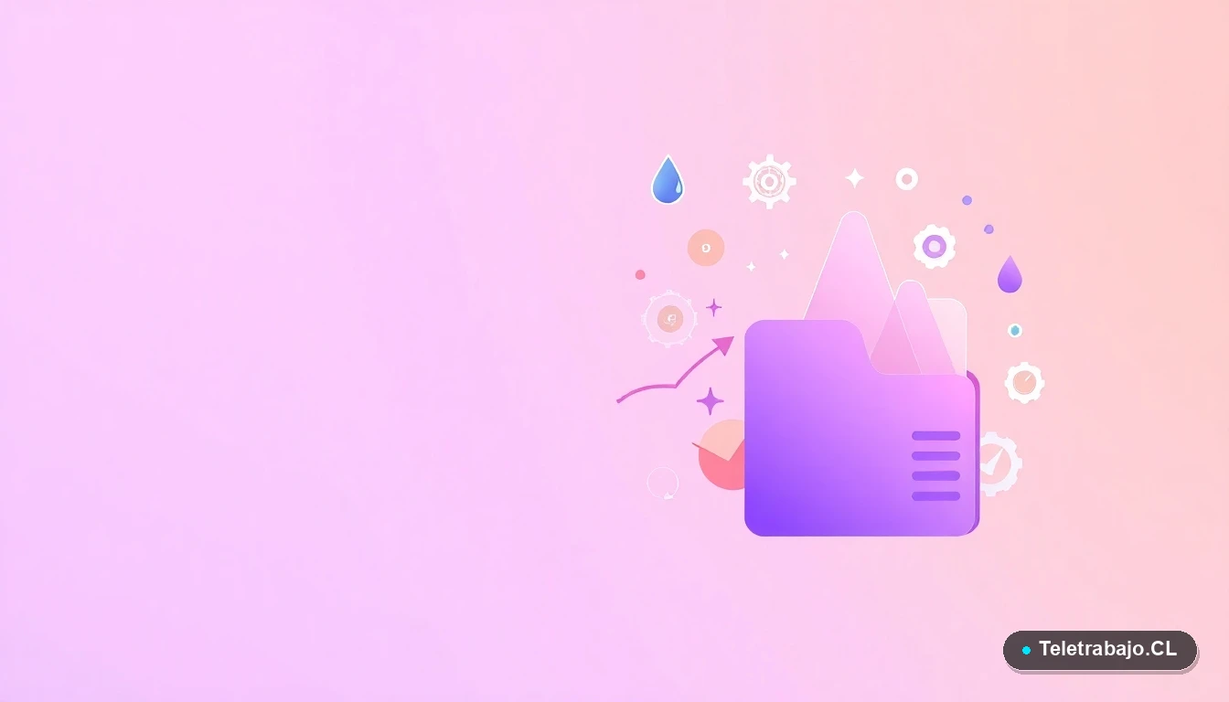 Composición abstracta de interfaz de usuario con iconos de gotas de agua, gráficos y engranajes, representando el sector tecnológico del agua en Chile, fondo degradado lila.
