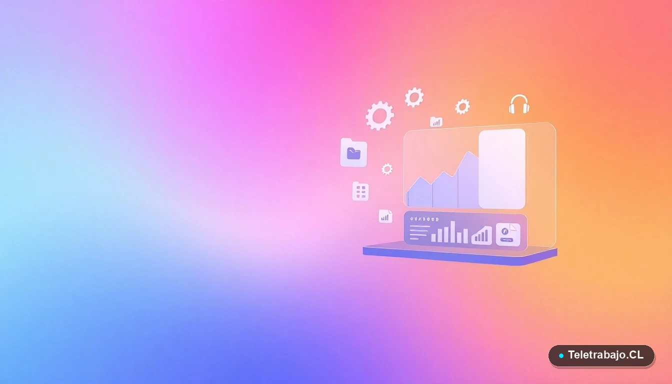 Elementos de interfaz de usuario abstractos: gráficos, engranajes y carpetas flotantes sobre fondo degradado lila, simbolizando análisis y gestión de proyectos de ingeniería ambiental.