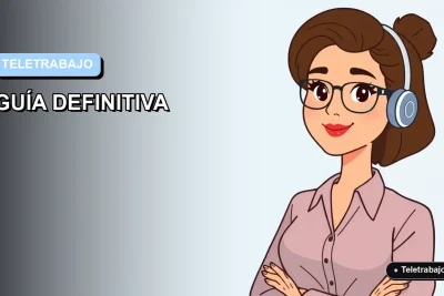 Ilustración plana corporativa de mujer profesional trabajando de forma remota con fondo degradado azul pastel.