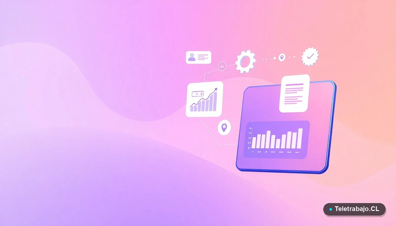 Elementos de interfaz de usuario abstractos y modernos, como gráficos y engranajes flotantes, sobre fondo lavanda.