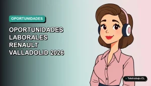 Ilustración plana corporativa de una mujer profesional trabajando de forma remota para Renault en Valladolid, con fondo degradado vacío.