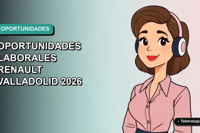 Ilustración plana corporativa de una mujer profesional trabajando de forma remota para Renault en Valladolid, con fondo degradado vacío.
