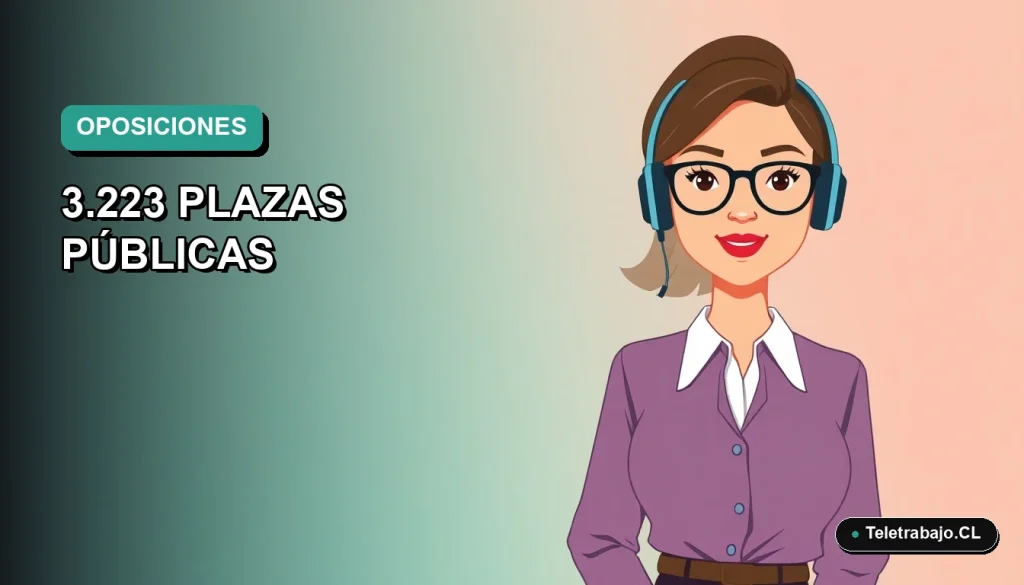 Ilustración plana vectorial de una mujer profesional de teletrabajo, fondo degradado azul verdoso, concepto de preparación para oposiciones docentes en Andalucía.