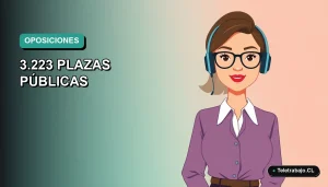 Ilustración plana vectorial de una mujer profesional de teletrabajo, fondo degradado azul verdoso, concepto de preparación para oposiciones docentes en Andalucía.