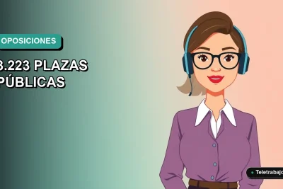 Ilustración plana vectorial de una mujer profesional de teletrabajo, fondo degradado azul verdoso, concepto de preparación para oposiciones docentes en Andalucía.