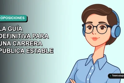 Ilustración plana de mujer profesional con blusa azul y lentes, sobre fondo degradado verde azulado, representando una carrera pública estable en Chile.
