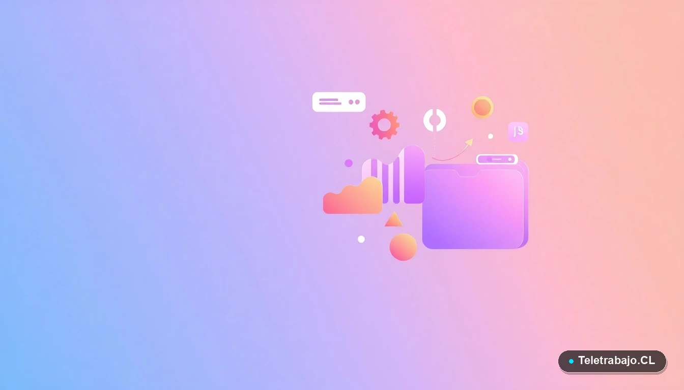 Composición abstracta de interfaz de usuario con gráficos, engranajes y carpetas flotantes en colores lavanda y durazno, sobre fondo degradado, concepto de preparación técnica para oposiciones.