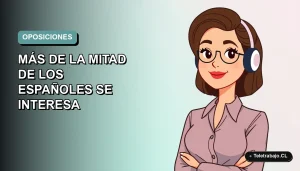 Ilustración plana corporativa de una mujer profesional con laptop, sobre fondo degradado azul verdoso, representando el interés en oposiciones en España.