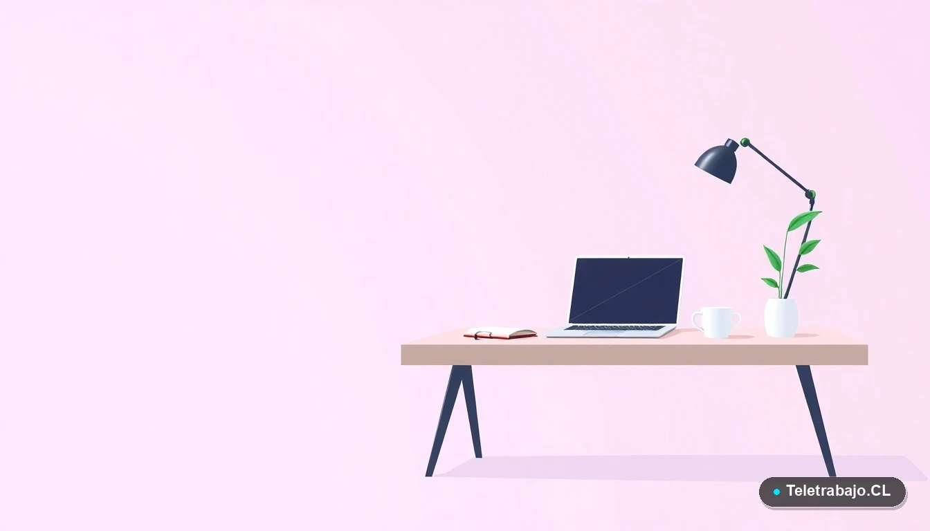 Escritorio moderno minimalista con laptop y artículos de oficina, ilustración plana sobre fondo degradado lila, concepto de espacio de trabajo para oposiciones.