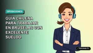 Ilustración plana vectorial de una mujer chilena profesional sonriente, con blazer y camisa, sobre un fondo degradado azul verdoso. Representa oportunidades laborales en la Unión Europea.