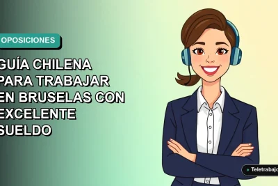 Ilustración plana vectorial de una mujer chilena profesional sonriente, con blazer y camisa, sobre un fondo degradado azul verdoso. Representa oportunidades laborales en la Unión Europea.