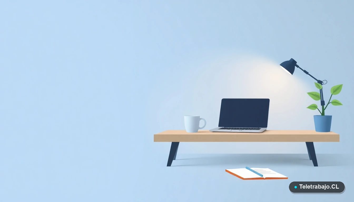 Escritorio moderno minimalista con laptop, taza de café y planta, sobre fondo degradado azul grisáceo. Concepto de espacio de trabajo para preparación de oposiciones.