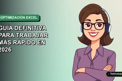 Ilustración plana corporativa de una mujer profesional de teletrabajo sonriente, con fondo degradado verde suave, representando productividad y dominio de Excel.