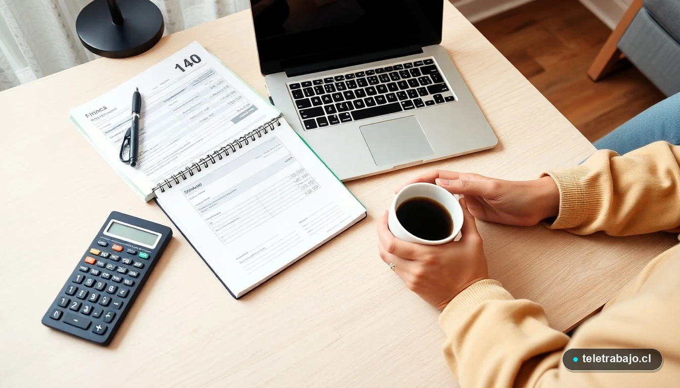 Teletrabajador chileno organizando sus gastos deducibles para la declaración de renta 2026 en su oficina en casa