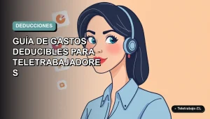 Ilustración plana de mujer teletrabajadora con blusa azul junto a gráficos abstractos de finanzas, fondo degradado suave.