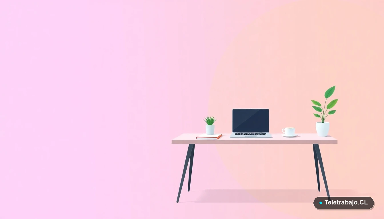Escritorio moderno minimalista para teletrabajo con laptop, cuaderno, taza de café y planta, sobre fondo degradado lavanda.