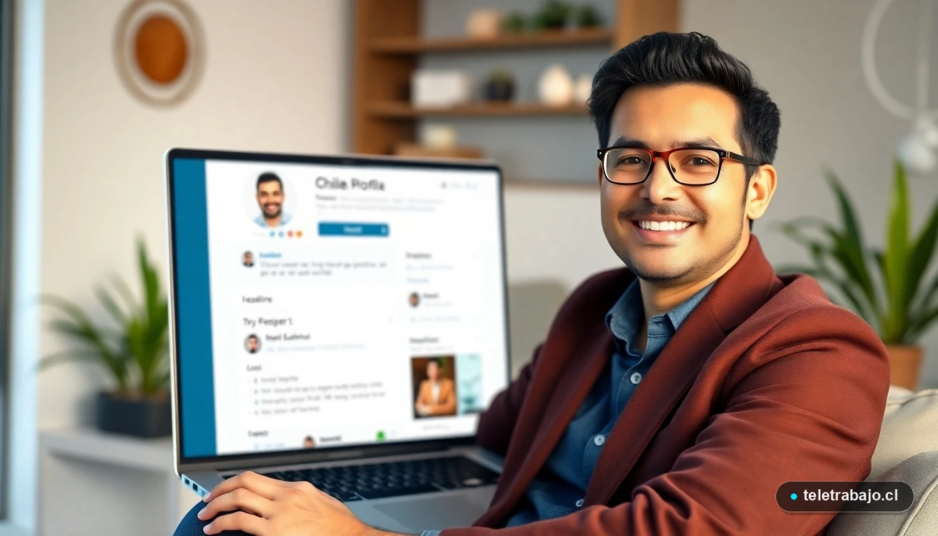 Profesional chileno optimizando su perfil de LinkedIn para buscar empleo en teletrabajo desde su oficina en casa